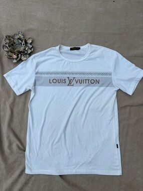 Louis Vuitton White 100% Cotton T-Shirt with Gold Logo Band - L